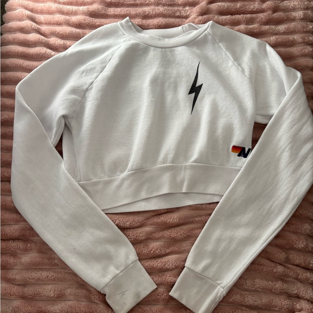Aviator Nation White Sweatshirt with Black Lightning Bolt